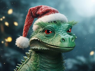 A kind green dragon smiles in a red New Year's hat against the background of blurry garland lights. Symbol of the year 2024 according to the Chinese calendar. New Year and Christmas 2024.