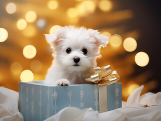 A small white fluffy puppy peeks out of a New Year's gift box and looks at the camera against the backdrop of a Christmas tree and garland lights. We gave a dog for New Year or Christmas.