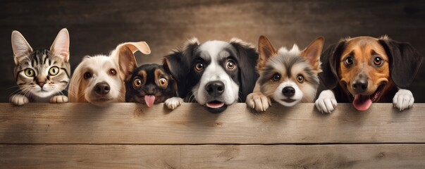 Dogs and Cats, peeking over the clear wooden top line, petshop banner, happy, smile, funny. Generative AI image weber. - obrazy, fototapety, plakaty