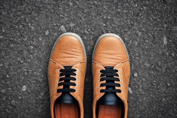 Pair of shoes on asphalt backdrop