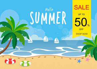 Fototapeta na wymiar Summer sale vector illustration. Desing for promotion with colorful beach
