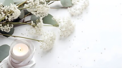  Styled stock photo. Feminine wedding desktop mockup with baby's breath Gypsophila flowers, dry green eucalyptus leaves, satin ribbon,candel and white background. Empty space. Top view. Generative AI