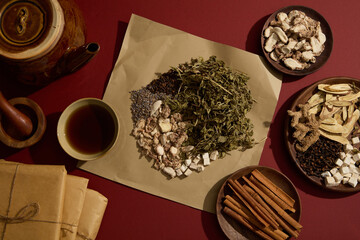 Dried mint, Poria cocos, Sand ginger, Lavender and Cloves placed on a paper. Earthen pot, a bowl of...