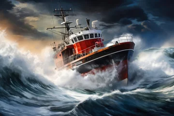 Foto op Aluminium A cargo or fishing ship is caught in a severe storm. Ship at sea on big waves. The threat of shipwreck. Element in the ocean. The hard work of a sailor. © Anoo