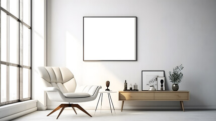 White Poster Mockup Framed by a Stylish Living Room with Light, Couch Set, and Indoor Plant. Generative AI