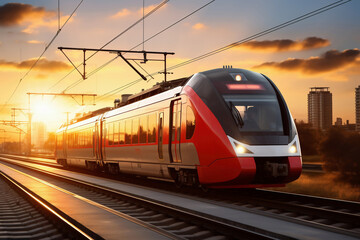 A red and white train traveling down train tracks. High-speed suburban train at sunset.