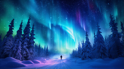 Spectacular aurora borealis in starry sky - obrazy, fototapety, plakaty