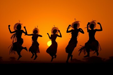 Multiple African tribal dancers, silhouetted against an orange sunset, leap in unison, their...