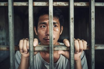 Obraz premium An Asian male prisoner in a cell behind bars. Chinese guy behind bars. The pain and suffering of the prisoner. Judgment. Hopelessness.