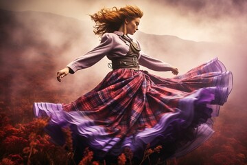 Against the haunting backdrop of Scotland's fog-covered moors, a Highland dancer energetically leaps; her tartan kilt creating ghostly swirls in the extended exposure amidst purple heather - obrazy, fototapety, plakaty