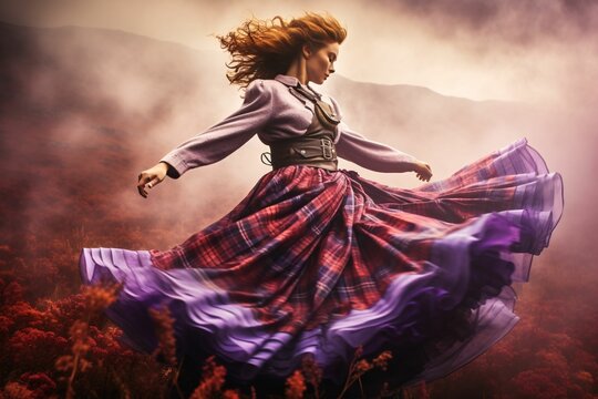 Against the haunting backdrop of Scotland's fog-covered moors, a Highland dancer energetically leaps; her tartan kilt creating ghostly swirls in the extended exposure amidst purple heather