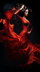 A Spanish flamenco dancer's vibrant red dress swirls gracefully during a passionate spin, captured with long time exposure, blurring movement against a dimly lit backdrop - obrazy, fototapety, plakaty