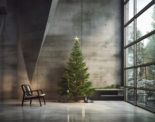 Christmas tree in modern minimalistic concrete interior. Winter window. Generative AI