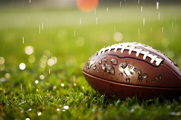  Close-up of a glistening football on wet grass, raindrops creating ripples on its surface, reflecting stadium lights