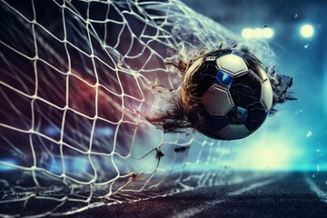 Macro shot of a football barely crossing the goal line, net fibers tense