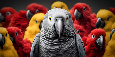 Standing out from the crowd beautiful parrot stan - obrazy, fototapety, plakaty