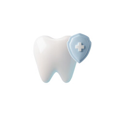 3D tooth with medical mark shield, realistic vector dental hygiene, anti-caries protection and dentistry prevention
