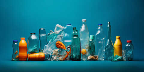 collage of recycled plastic items arranged - obrazy, fototapety, plakaty