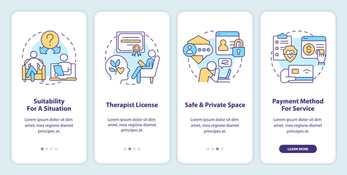 2D icons representing online therapy mobile app screen set. Walkthrough 4 steps colorful graphic instructions with linear icons concept, UI, UX, GUI template.
