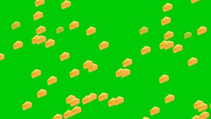 Raining cheese animated green screen background video, seamless with cheese icon animation for motion graphics