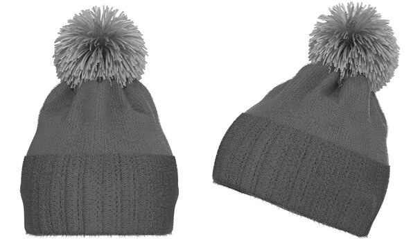Grey Knitted winter bobble hat. Handmade woolly cap with pompom on top