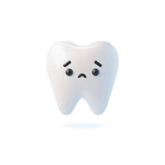 3D realistic sad white tooth, cartoon dental health conditions, toothache, upset render character vector illustration
