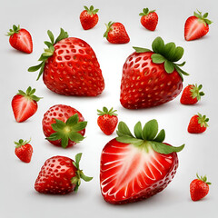 Falling strawberry fruits whole and cut isolated on white or transparent background Generative ai