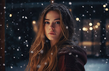 Woman under a snowfall in Christmas time