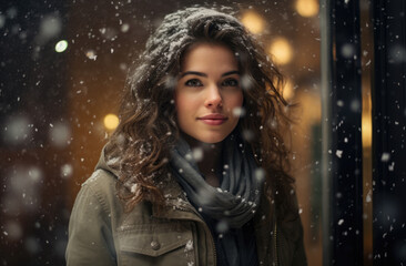 Fototapeta premium Woman under a snowfall in Christmas time