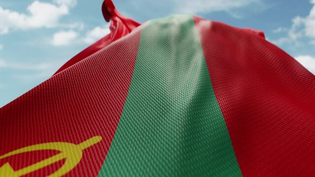 Wavy flag of Transnistria blowing in the wind in slow motion. Waving official Pridnestrovian flag team symbol abstract vertical background. Blue sky with clouds. World countries flying flags concept