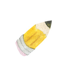 Watercolor drawing, yellow wooden pencil with eraser. element for design, arrows, pointer.