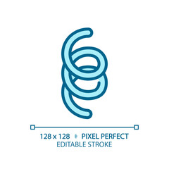 2D pixel perfect editable blue spirochete icon, isolated monochromatic vector, thin line illustration representing bacteria.