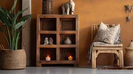 Stylish composition at moroccan interior with wooden elephant