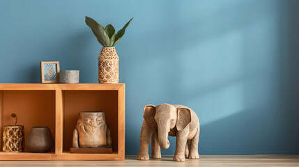 Stylish composition at moroccan interior with wooden elephant