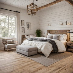 Farmhouse interior design of modern bedroom with hardwood floor Generative ai