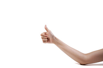 親指を立てる女性の手, 白背景
