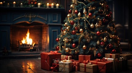 Festive Christmas Tree with Fireplace Background, Cozy Holiday Decor in a Warm Living Room
