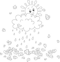 Cute friendly smiling sun and a small rain cloud with falling raindrops over autumn leaves, black and white outline vector cartoon illustration for a coloring book