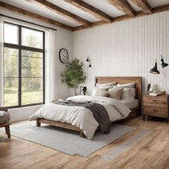 Farmhouse interior design of modern bedroom with hardwood floor Generative ai