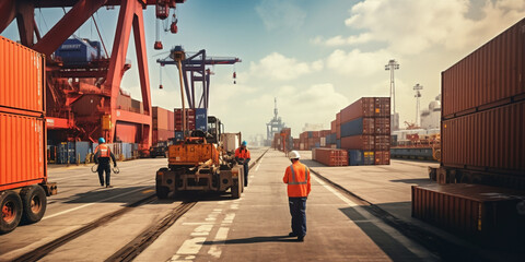 Workers load and unload cargo at a cargo sea port
