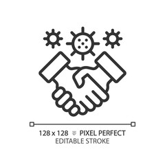 2D pixel perfect editable black handshake with virus icon, isolated vector, simple thin line illustration representing bacteria.