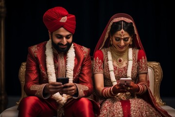 Indian Bride and Groom Watching Smartphone Together. - obrazy, fototapety, plakaty