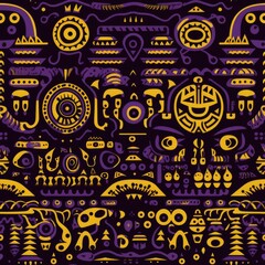 A purple and yellow pattern on a black background. AI image. Seamless pattern.