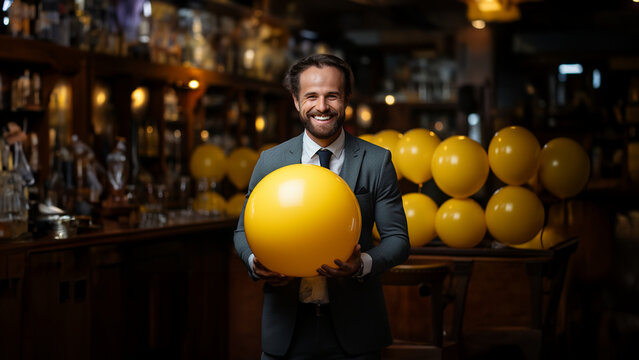 Business Mann bereitet Feier vor mit Luftballons Querformat, ai generativ
