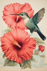 A painting of a hummingbird and a flower. Imaginary illustration.
