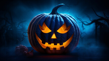 Obraz premium Halloween background. Spooky pumpkin with moon and dark forest. Halloween design with copyspace