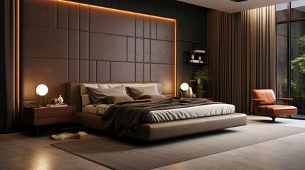 Stylish room interior with large bed