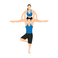 Young couple doing balancing on one leg and lifting girlfriend doing splits during acro yoga session. Flat vector illustration isolated on white background