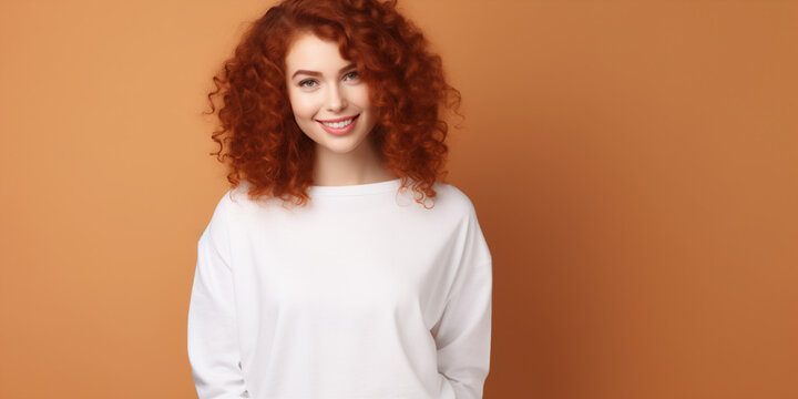 Young curly red hair woman Wearing Sweatshirt Mockup
