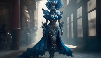 full body realistic highly detailed an alien drag queen with blue skin in a steampunk inspired drag dress with beautiful high heels performing in a steampunk city on an alien planet dramatic 